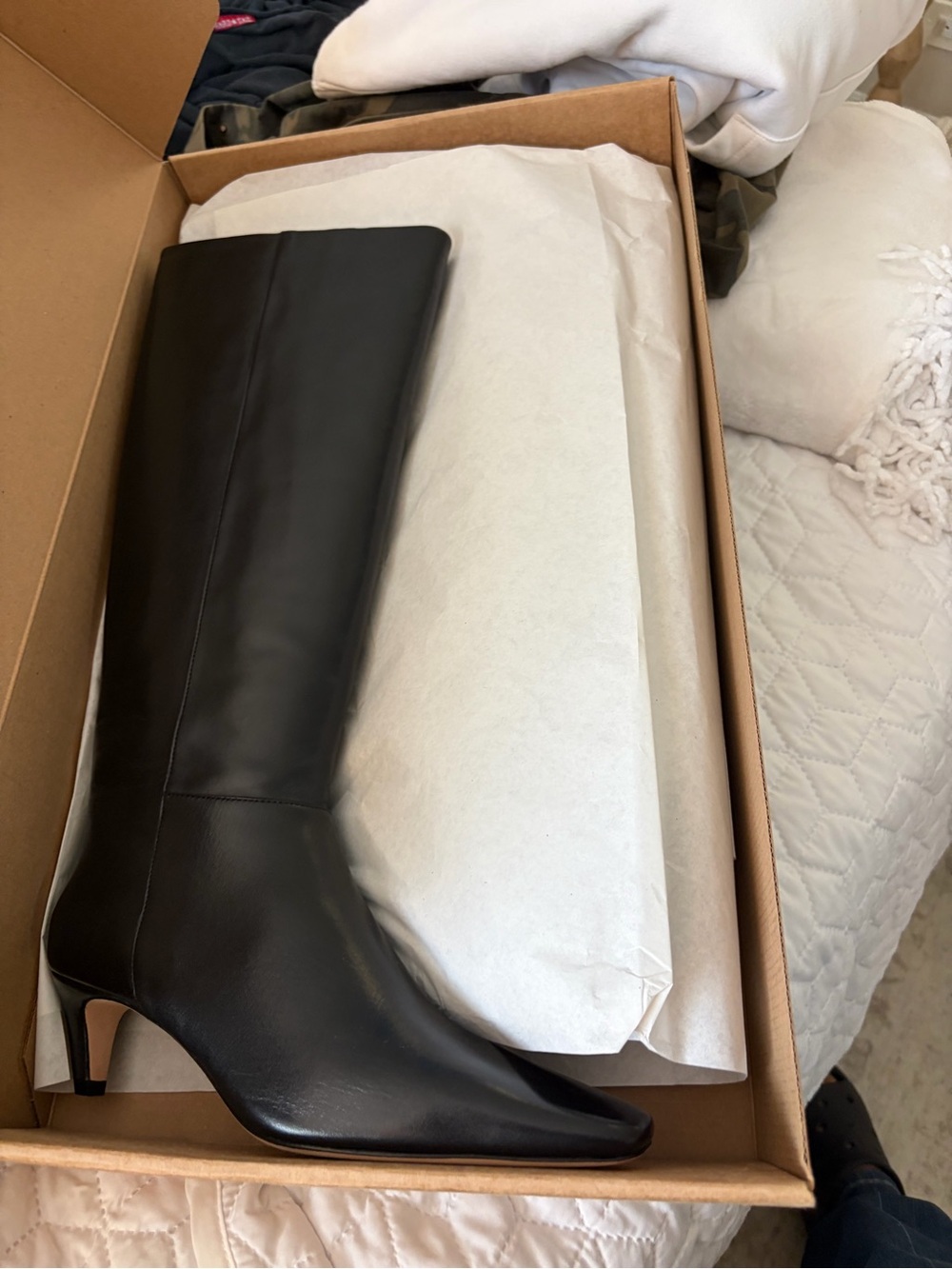Reformation Remy Black Knee-High Leather Boots with Kitten Heel